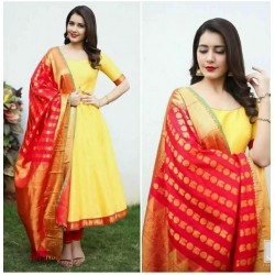 Yellow Color Taffeta Silk Stitched Salwar Suit with Banarasi Dupatta